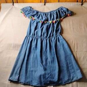 New Look Denim Kids Dress with Colorful Pom-Pom Trim